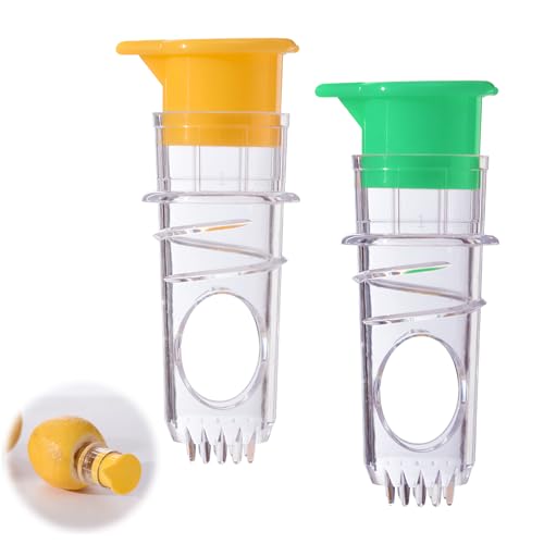 Presse Citron Manuel Portable, Lot de 2 Presse Agrumes Manuel avec Bouchon à Vis et Filtre, Compact Presse Fruit Manuel pour Cuisine, Camping et Extérieur (Jaune et Vert)