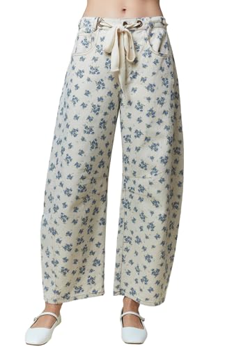 Hey Sweetie Women's Floral Printed Denim Pants – Waist Tie Detail Vintage-Inspired High Waist Jeans