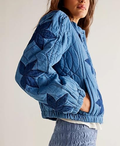 Aimiray Women's Cropped Floral Quilted Puffer Jackets 3D Printed Lightweight Button Padded Coats with Pockets2