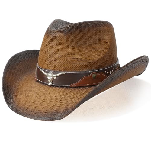 WQWOVRVO Cowboy Hat,Cowgirl Hat,Western Cowboy Hats for Women/Mens/Straw Wide with Shapeable Brim Cowboy Hat for Womens (US, Alpha, One Size, Brown)