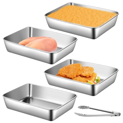 GOMETY 4-teilig Panier-Set aus Edelstahl, 25,5 x 20 x 5,5 cm Schalen zum panierschalen mit Panierzange Panierstraße Edelstahl Schnitzel Panierset Fleisch Fisch Metall Panierstraße Grillschale