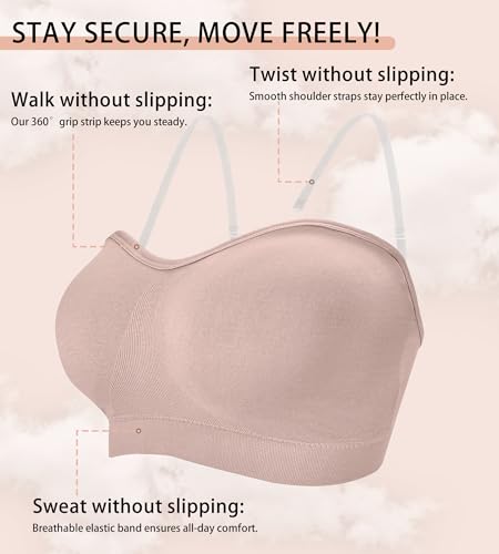 ZYQEXA 3 Pcs Strapless Bras for Women Wirefree Non-Slip Tube Top Invisible Bralette Seamless Padded Bandeau Bra, Black+Dusty Rose+White, S — view 5
