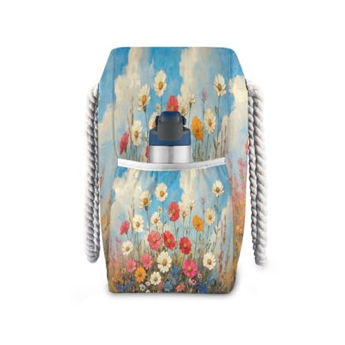 ATTX Wild Flowers Oil Painting Beach Bags for Women - Large Beach Bags with Zipper Waterproof Sandproof Swim Pool Bag Large Tote#3833