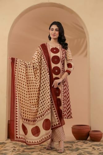 Image of krisjan|Women's Pure Cotton Printed with Handwork Kurta with Pants and Dupatta Set | Ethnic Set | Suit Set | Kurta Set |