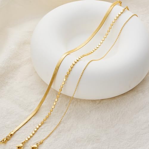 Image of Risamil 14K Gold Plated Ankle Bracelets for Women, Anklets for Women Waterproof Layered Ankle Bracelets for Women Teen Girl Herringbone Anklet Set Summer Foot Jewelry Gifts