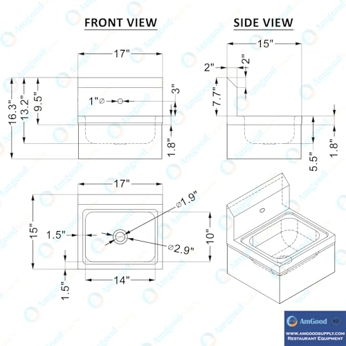 Image of Hands-Free Wall-Mounted Stainless Steel Hand Sink, 17 in x 15 in, with Double Knee Valves and Faucet
