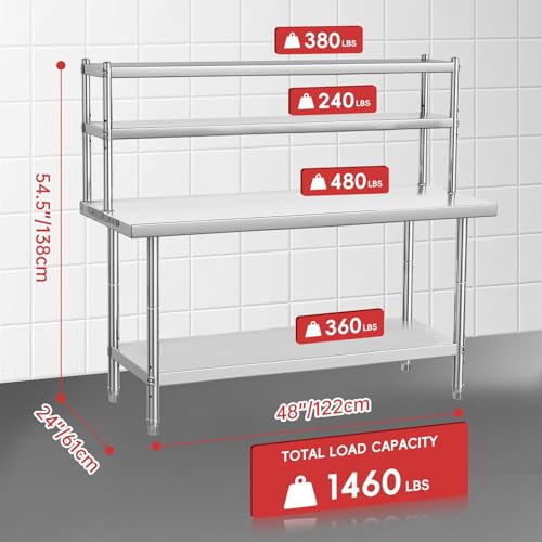 Image of Commercial Stainless Steel Prep Table with Adjustable Shelves and Side Hooks, 39 inch X 24 inch Heavy Duty Workstation for Restaurant, Kitchen, or Workshop (48 inchX24 inch)
