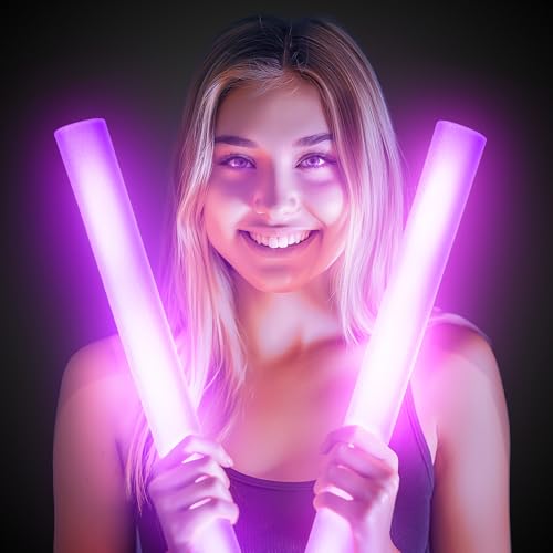 Fun Central 16” LED Foam Sticks – 12 Pack Light Up Cheer Batons with Flashing Modes for Christmas Parties & New Year’s Eve Countdown Celebrations (Purple)