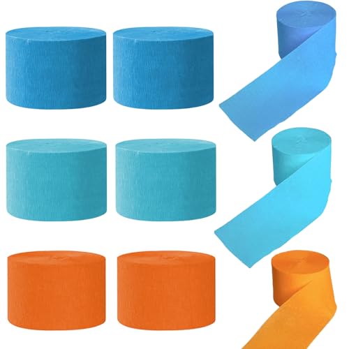 Juego de 6 rollos de papel crepé de 150 m, color azul, naranja, papel crepé para decoraciones de fiestas, cumpleaños, decoración de bodas (4,5 cm x 25 m/rollo)