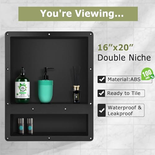 Suteck Shower Niche Double Shelf, 16-Inch Width x 20-Inch Height x 4-Inch Depth, Recessed Shower Niche Ready for Tile (Inner Size: Length 12"+4", Width 14") Niche for Shower Bathroom Storage