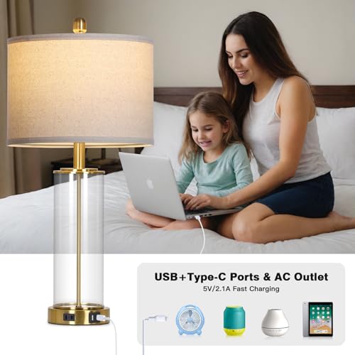 26" Gold Glass Table Lamps Set of 2, 3-Way Dimmable Touch Control Living Room Lamp with USB C+A Ports & AC Outlet, Modern Bedside Lamps, Elegant Bedroom Lamps for Nightstand Side End Table Desk - Image 5