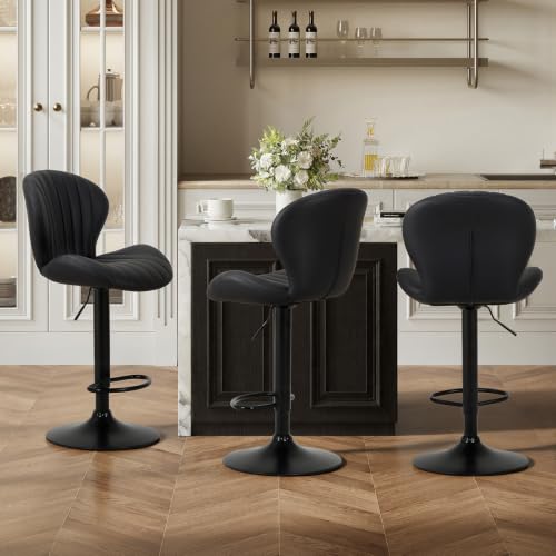 Image of COLAMY Bar Stools Set of 3,Swivel Adjustable Height Leather Bar Chair,Black