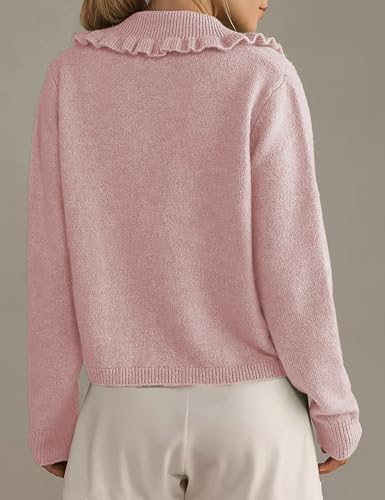 Womens Ruffle Cropped Sweater Open Front Outerwear Elegant Long Sleeve Knitted Cardigan Solid Button Jacket Fall Tops3