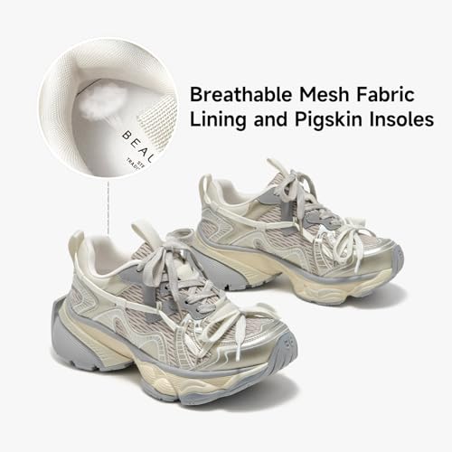 BEAU TODAY Womens Platform Fashion Sneakers, Chunky Leather Walking Shoes for Women, Casual Dress Comfortable Non-Slip Lace-up Mesh Running Gym Shoes2