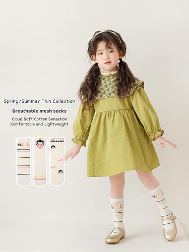 Girls Socks Ribbed Cuffs Keen High Crew Socks Cartoon Bow Flower Mesh Knit Cotton Colorful Socks for Girls 3 Pairs2