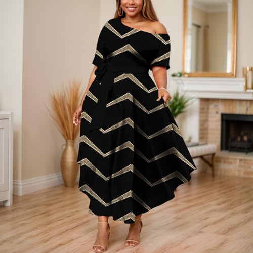 Image of Plus Size Women Wedding Guest Dress Off Shoulder Boat Neck Irregularly Flowy Midi Church Dress