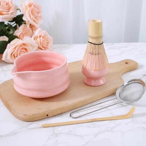 Matcha Whisk Set, 5 Pcs Matcha Kit - Matcha Bowl with Spout, Whisk and Holder, Bamboo Scoop and Stainless Sifter for Matcha Lover, Pink