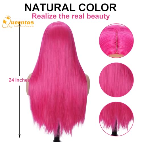 Image of QUEENTAS Hot Pink Wigs for Women 25 inch Straight Long Hair Wig for Halloween Cosplay Natural Looking Synthetic Glueless Wig