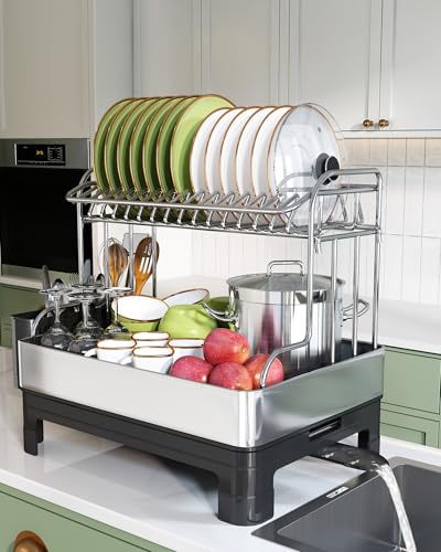Boosiny 2 Tier Dish Drainer Rack, Large Dish Rack with 360° Swivel Spout, 304 Stainless Steel Dish Drainer Rack, Draining Board Rack for Kitchen Counter with Utensil Holder, Silver