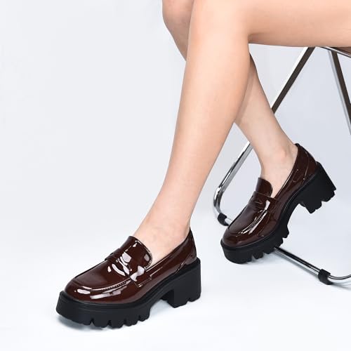 Image of Black Penny Loafers for Women - Women's Slip-On Platform Patent Leather Loafers, Chunky Comfort Shoes for Work & Dressy Occasions