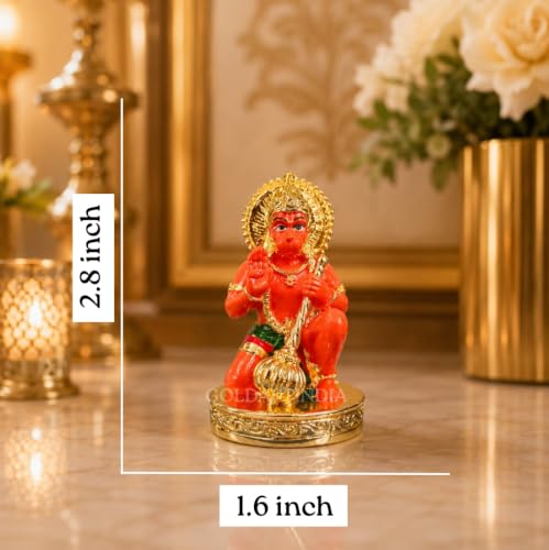 Image of Gold Art India Hanumanji Sitting with Gada Gold Plated Hanuman Statue for Car Dashboard, Hanuman ji murti for Home Decor, Office Shelves, and Gifts