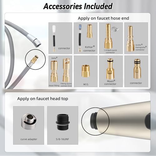 Universal Kitchen Stainless Faucet Head Replacement Set Compatible with Moen Delta Kohler Faucet, Pull Down Kitchen Faucet Sprayer Set, 67in Faucet Hose and 14.1oz Weight Ball, Brushed Nickel by Hygie Rinse - Used condition - Image 2