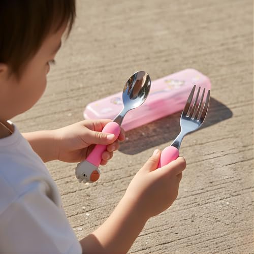 Image of Hian 304 Stainless Steel Kids Spoon & Fork Set - Safe Rounded Edges, Cute Design Easy-Grip Handles, Durable Children's Cutlery with Carry Case, Pack of 2 (Pink)