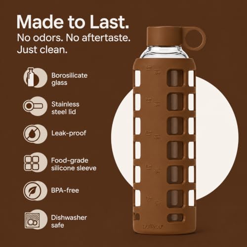 Image of purifyou 40oz / 32oz / 22oz / 12oz Borosilicate Glass Water Bottle with Time & Volume Markers, Silicone Sleeve, Stainless Steel Lid - Reusable Glass Bottle for Water & Juice (32oz Earth Brown)