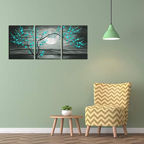 Iknow Foto 3Pcs Grey And Teal Floral Canvas Prints Framed Plum Blossom Tree Oil Painting Printed On Canvas Gallery Wrapped Full Moon Flower Pictures Living Room Traditional Paintings 12X16X3Pcs #TOP4