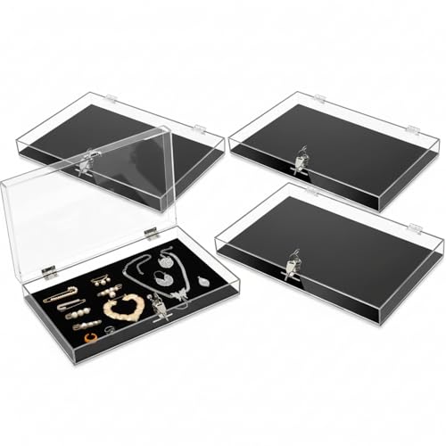Huquary Lot de 4 présentoirs à bijoux en acrylique transparent avec serrure et clé pour collier et bracelet (noir)
