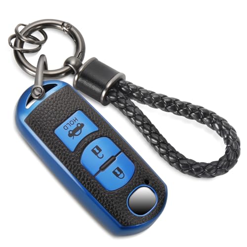 Image of for Mazda Key Fob Cover with Metal Braided Rope Keychain, Upgraded TPU Surface Grain Case for CX-3 CX-5 CX-7 CX-9 Mazda 3 6 MX-5 Miata (3 buttons) (Blue, A2)