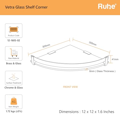 Image of Ruhe Premium Vetra Bathroom Glass Shelf Corner | Multipurpose Wall Mounted Shelves Rack for Kitchen /Living Room - Bathroom Accessories 12 x 12 inches (Chrome Finish)