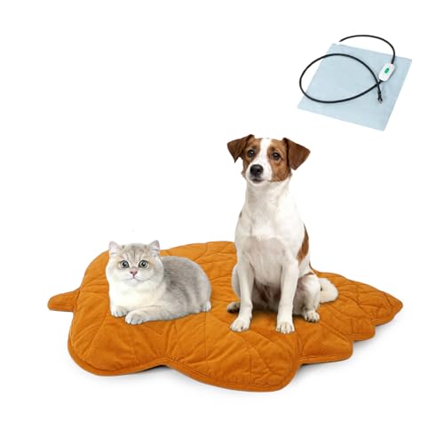 Vagascape Dog Bed, Waterproof Pet Bed with Washable Removable Cover, Comfort Cat Dog Pad for All Seasons, Heating Yellow Maple-Leaf Shape Cat Mat with Nonskid Bottom(35"x27")