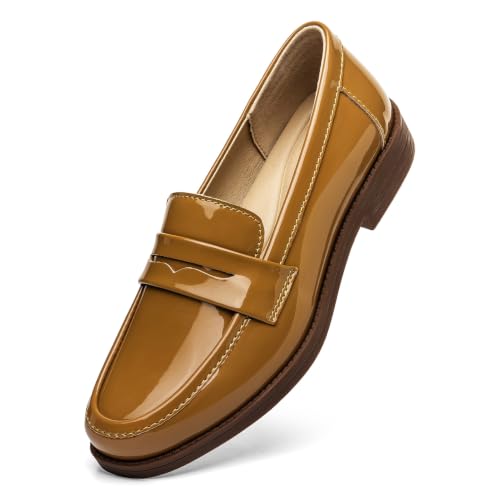 Freeberry Women’s Comfortable & Lightweight Leather Penny Loafers Slip On Business Casual Dress Shoes Office Work Flats Everyday Walking Shoes for Women, Brown Patent, 6 M US
