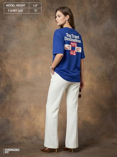 Image of JUNEBERRY Pure Cotton Oversized Drop Shoulder T-Shirt for Women | Front & Back Print, Half Sleeve, Baggy Fit, Round Neck | Sizes S-XXL