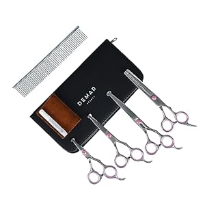 Dog Grooming Scissors Kit - 4CR13 Steel Grooming Scissors for Dogs - Extra Sharp Dog Grooming Kit w/Size Variations - Comfortable Finger Rings - Dog Grooming Supplies Includes 4 Scissors & 1 Comb Dog Grooming Scissors Kit 4CR13 Steel Grooming Scissors for Dogs Extra Sharp Dog Grooming Kit wSize Variations Comfortable Finger Rings Dog Grooming Supplies Includes 4 Scissors 1 Comb