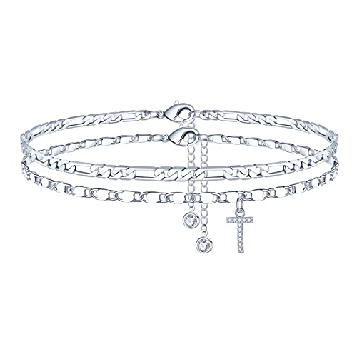 Image of Ursteel Ankle Bracelets for Women, 14K-Gold-Plated Dainty Layered Chain CZ Initial Anklets Set Summer Jewelry Gifts for Women