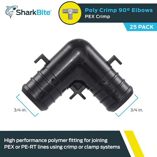 Image of SharkBite 3 /4 Inch Poly Crimp 90 Degree Elbow, Pack of 25, PEX Pipe, PE-RT, UP256