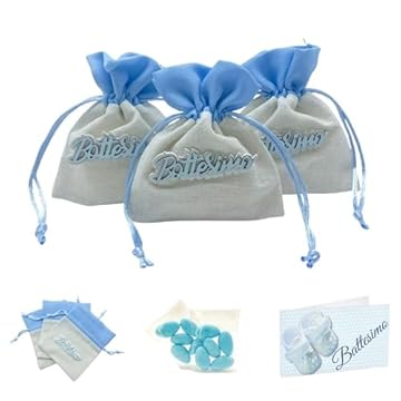 Doni Bomboniere Set Bomboniere Battesimo 12 Sacchetti Misto Juta Cotone Celeste Portaconfetti con Scritta Battesimo in Legno 12 Bustine Confetti Celeste 12 Bigliettini da Personalizzare Festa Gadget