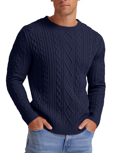 Hisir Pulls en Tricot Torsadé pour Hommes Hiver Décontracté Col Rond Épais Chaud Manches Longues Sweater Pullover Hauts pour Hommes UK, 03 bleu marine., XXL
