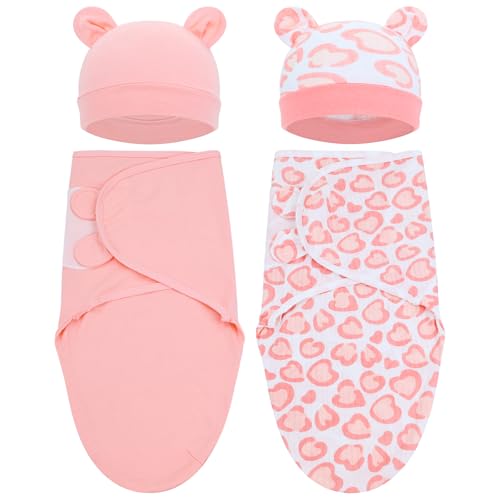 Image of Cinaci 2 Pack Adjustable Soft Cotton Blend Newborn Baby Receiving Swaddle Blankets Sleep Sacks with Nursery Hats Caps Beanies Bonnets for Baby Girls Boys Newborns Infants