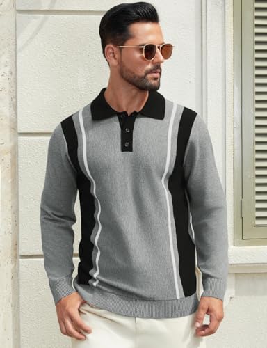 Hardaddy Men's Vintage Striped Polo Sweater Color Block Lightweight Long Sleeve Collared Knit Shirts2
