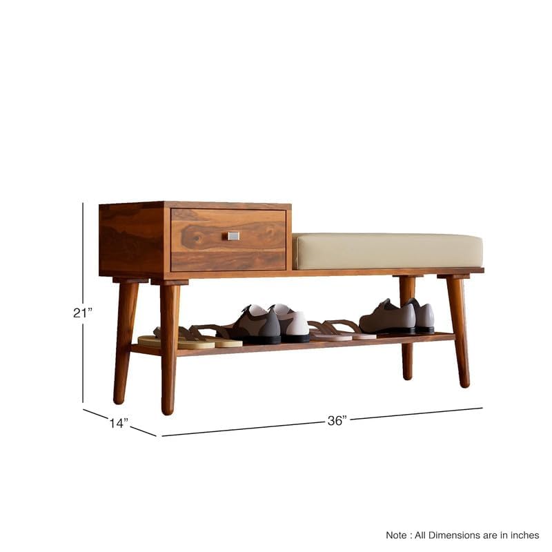 Image of VK Furniture Solid Sheesham Wood Shoe Rack with 1 Drawer Storage | Wooden Large Size Shoe Cabinet with Cushion Seating for Home, Living Room, Hotel, Enteryway (Honey Finish)
