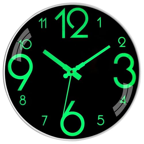 AMERTEER Luminous Clocks Night Light Battery- Operated Silent, Large Modern Night Light Wall Clock,12 inch Non-Ticking Glow In The Dark Wall Clock Living Room Kitchen Bedroom Decor (White)