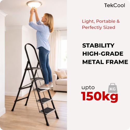 Image of TEKCOOL 5 Step Ladder for Home Use with Built-in Tool Tray | Heavy Duty D Shape Rods | 20 x 30 cm Large Platform | Wide Rubber Feet | Secure Lock | 150Kg Capacity Foldable Ladder