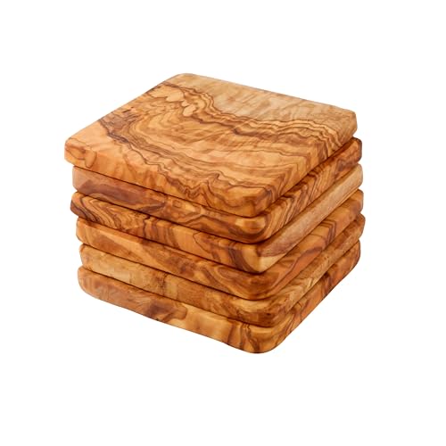 Cleminson - Lot de 6 – Sous-verres carrés en bois d'olivier 9 x 9 cm, dessous de verres sans plastique et naturel