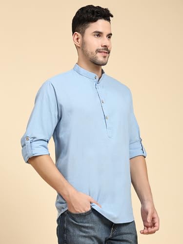 Image of SKAVIJ Men Solid Cotton Long Sleeve Casual Henley Kurta Shirt