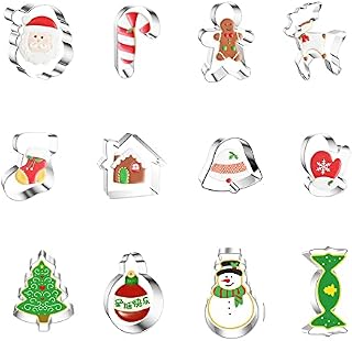 DXLing 12 Pieces Winter Christmas Cookie Cutters Set Xmas Pastry Biscuit Cutters Baking Stainless Steel Gingerbread Man Christmas Tree Snowman Santa Face Reindeer Candy Stocking Mitten for Baking
