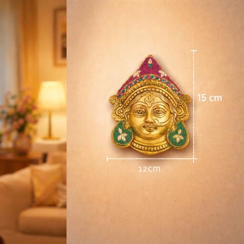 Image of Kalakriti Goddess Durga Face Wall Hanging Navratri Decorative Idol | Golden Finish Beaded Hindu Ambe MATA Bengali Devi Mask for Home Temple, Living Room & Festive Decor (Durga Face)