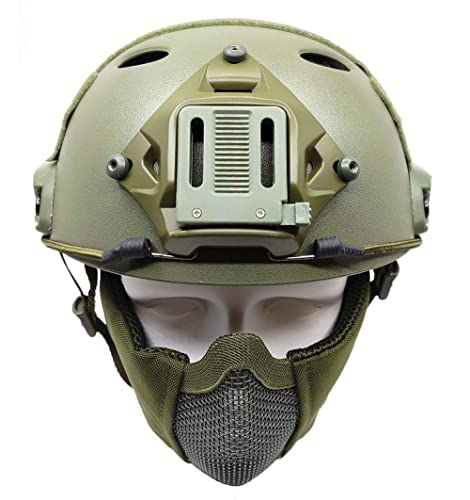 Tactical Airsoft Fast Helmet Pj Type And Metal Mesh Mask Foldable Double Straps Protect Ear Full Face Protection (Green) #TOP4